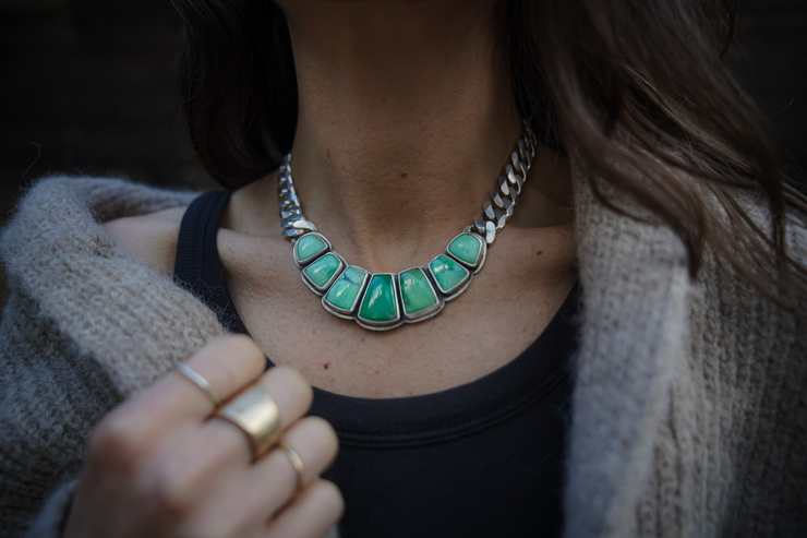Bloom Torque Choker ~ Variscite ~ Reclaimed Sterling ~ Extra-Wide Curb Chain