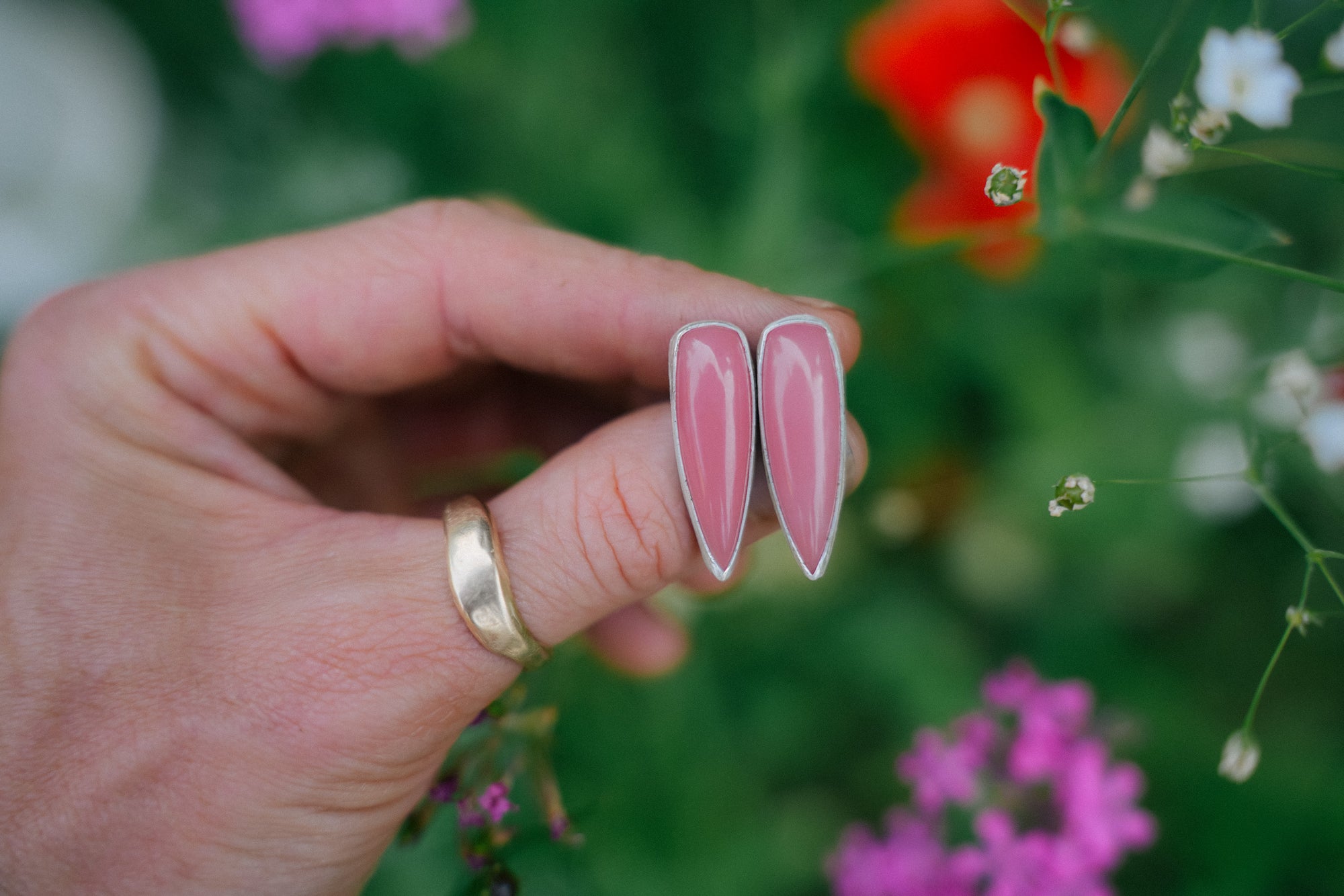 Pink Spike Earrings ~ Medium Long ~ Sterling Silver + Guava Quartz