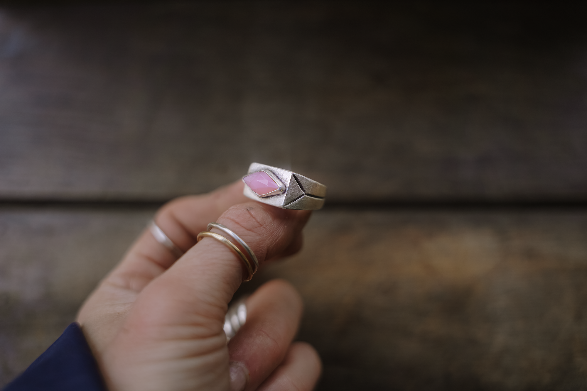 Etched Pale Pink Opal Diamond Signet Ring ~ Size 7.5