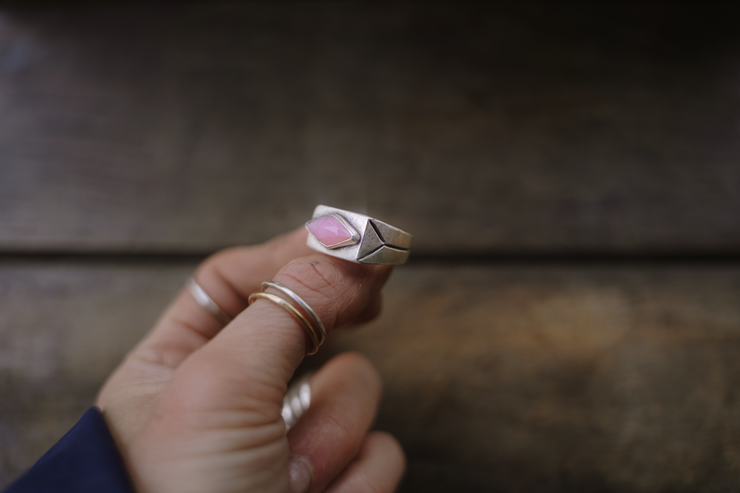 Etched Pale Pink Opal Diamond Signet Ring ~ Size 8