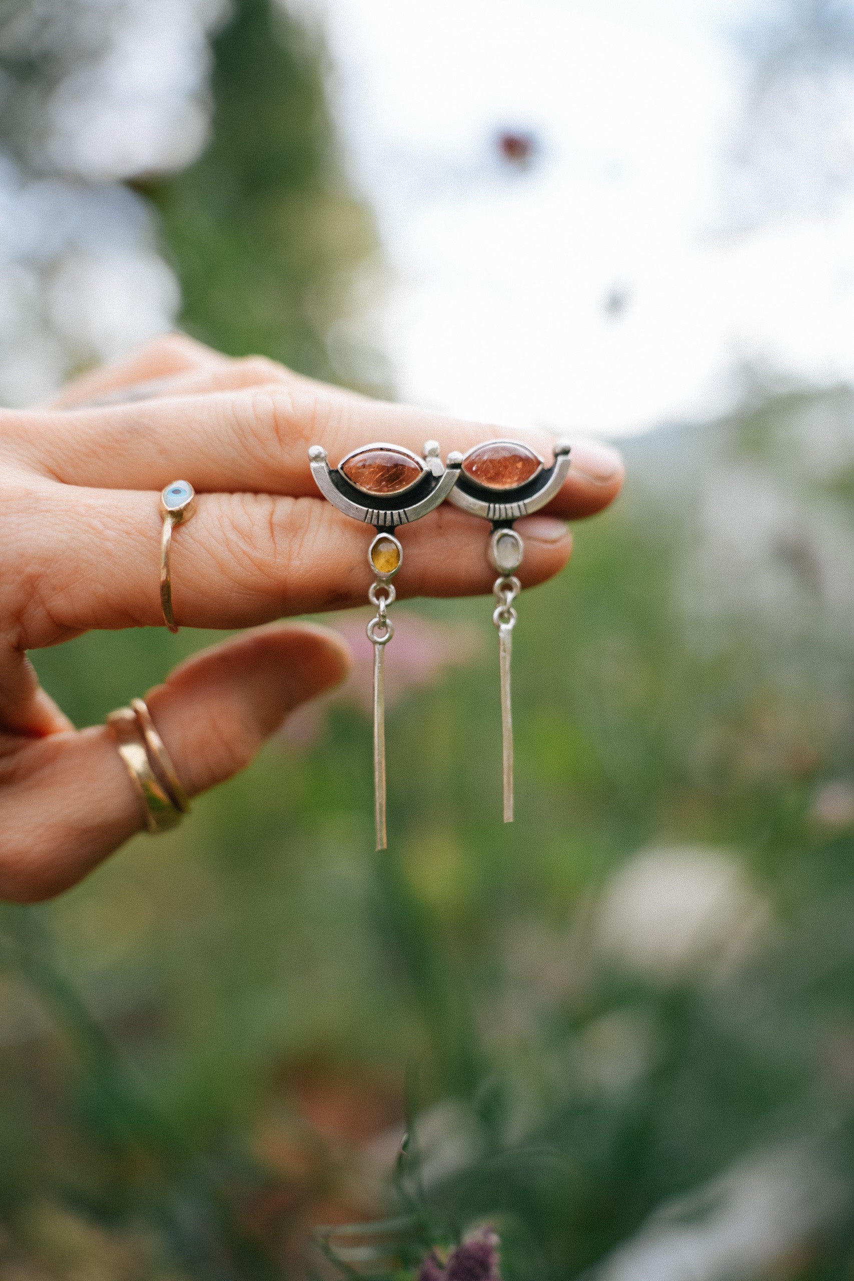 Athena  Posts ~ Pink Tourmaline + Australian Opal ~ Reclaimed Sterling Silver