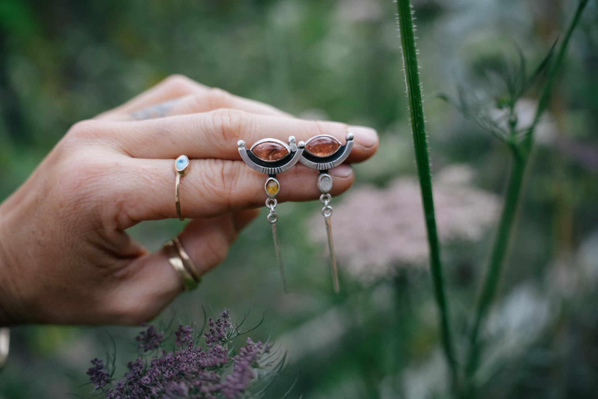 Athena  Posts ~ Pink Tourmaline + Australian Opal ~ Reclaimed Sterling Silver