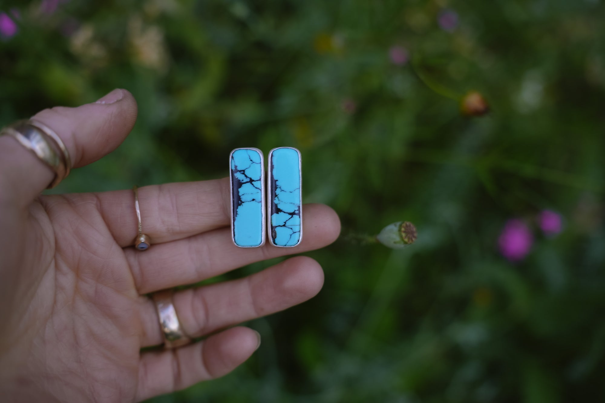 Turquoise Bar Earrings ~ Sterling Silver + Turquoise ~ Large