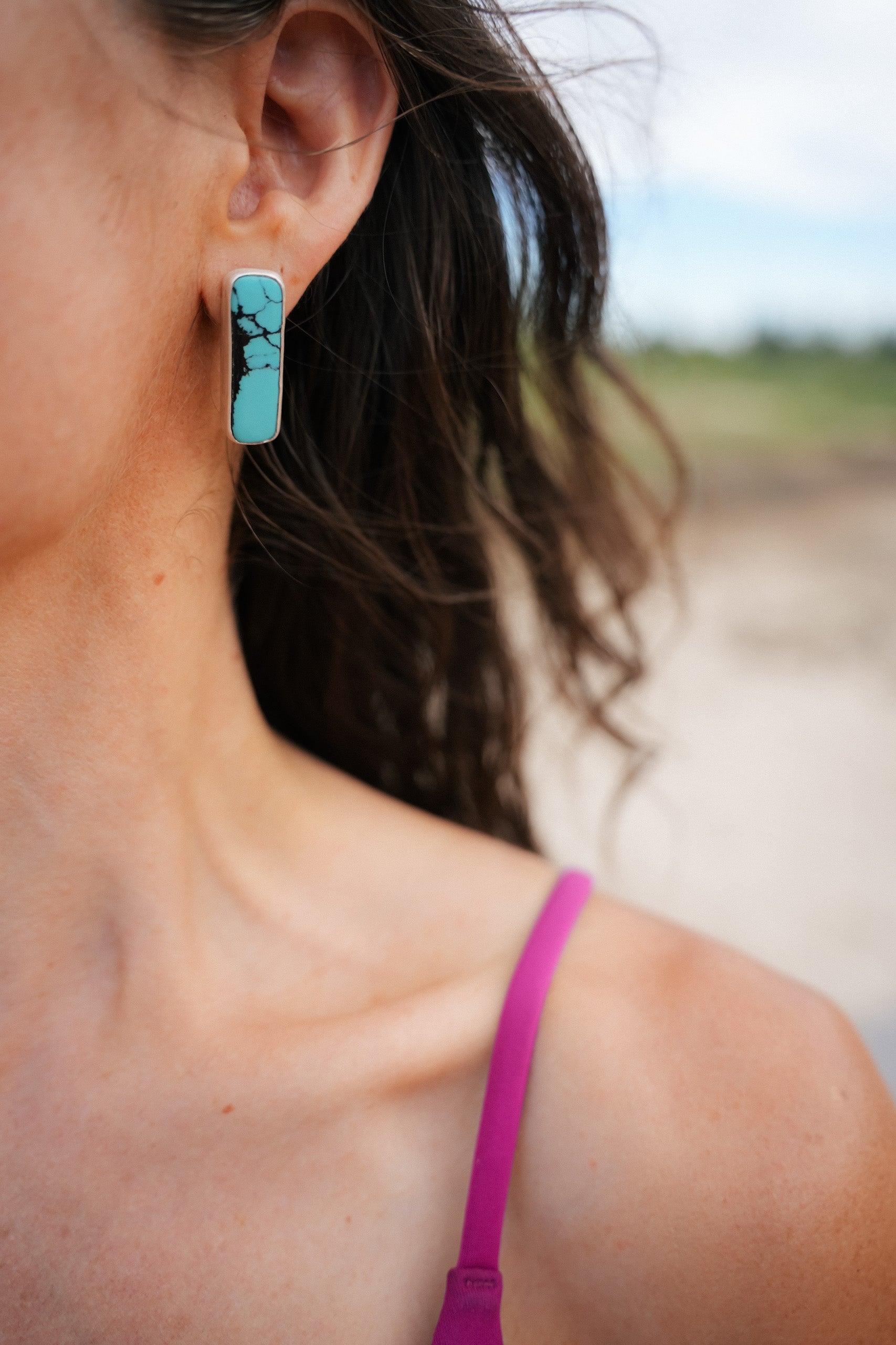 Turquoise Bar Earrings ~ Sterling Silver + Turquoise ~ Large