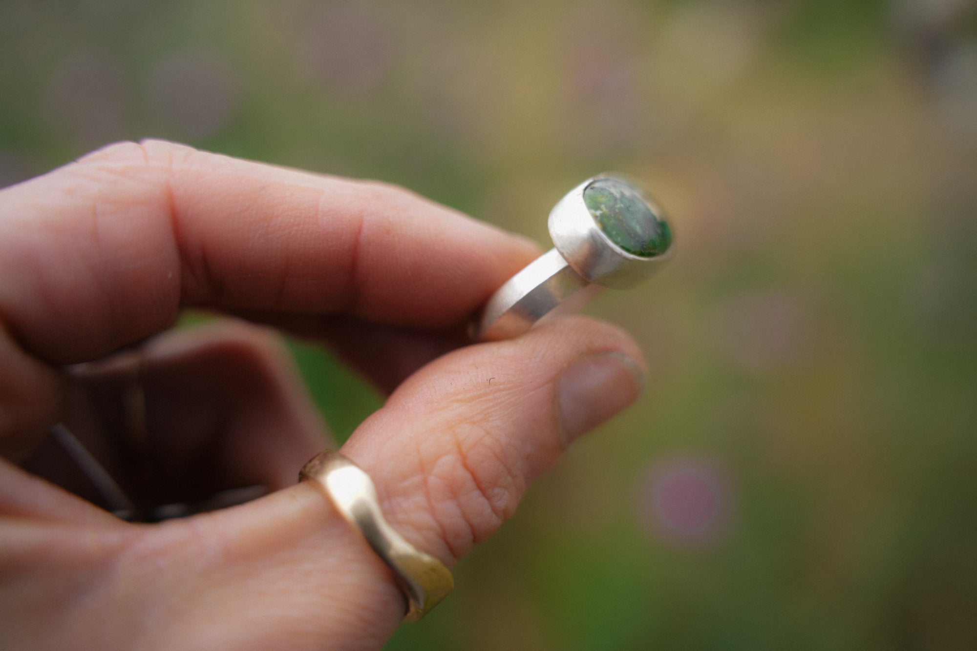 Flush Ring ~ Sterling Silver + Turquoise ~ Medium/Thin Band ~ Size 6.5