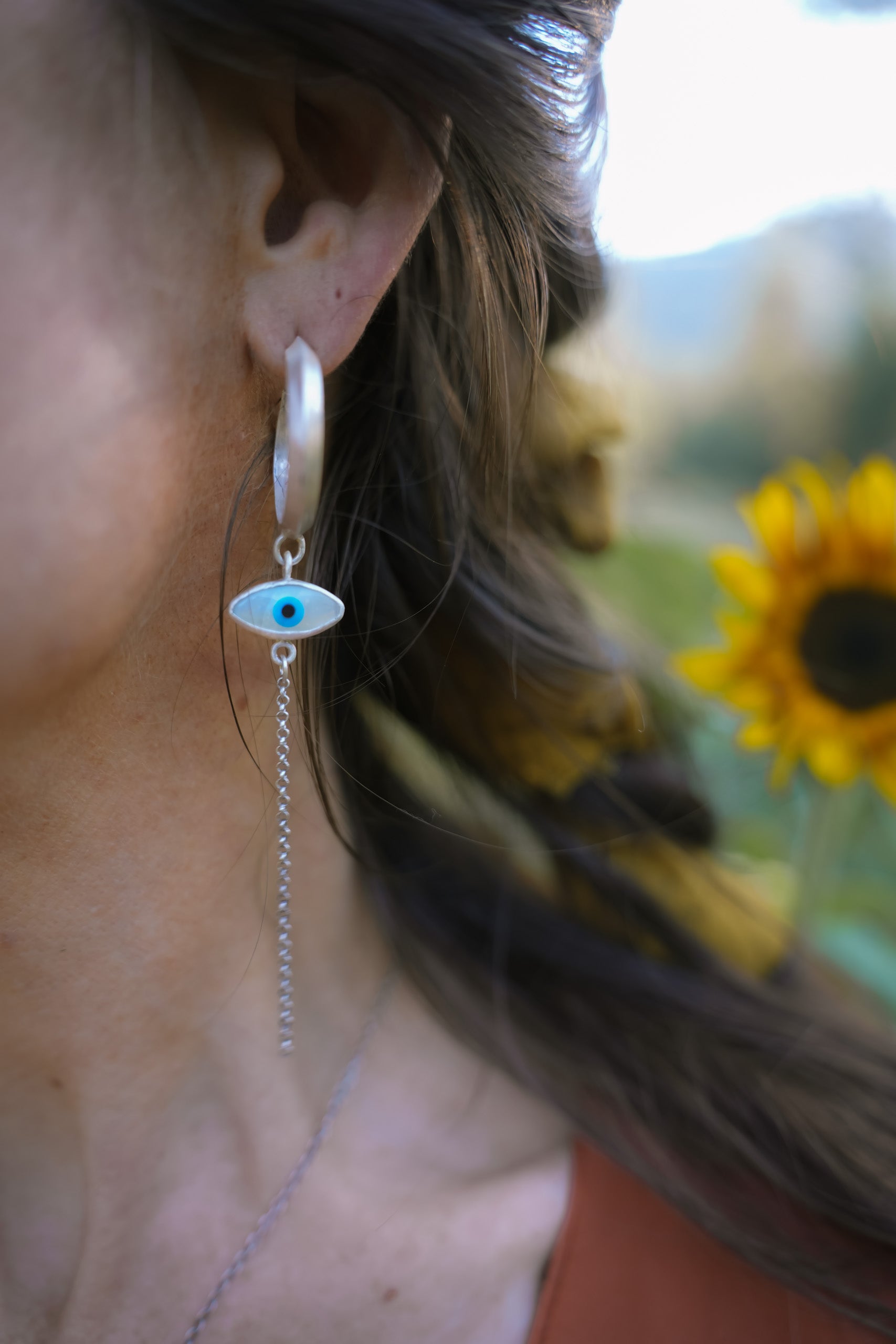Second Sight Hoops ~ Sterling Silver with Shell Eyes
