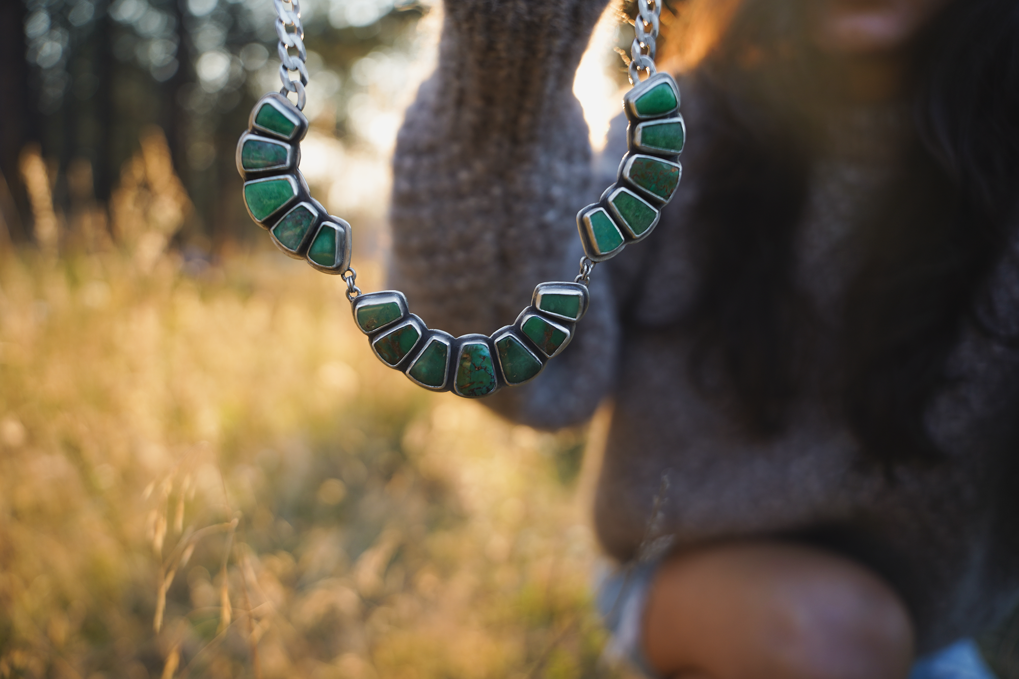 The Big Bloom Torque Choker ~ Reclaimed Sterling with Royston Turquoise + Variscite ~ Wide Curb Chain