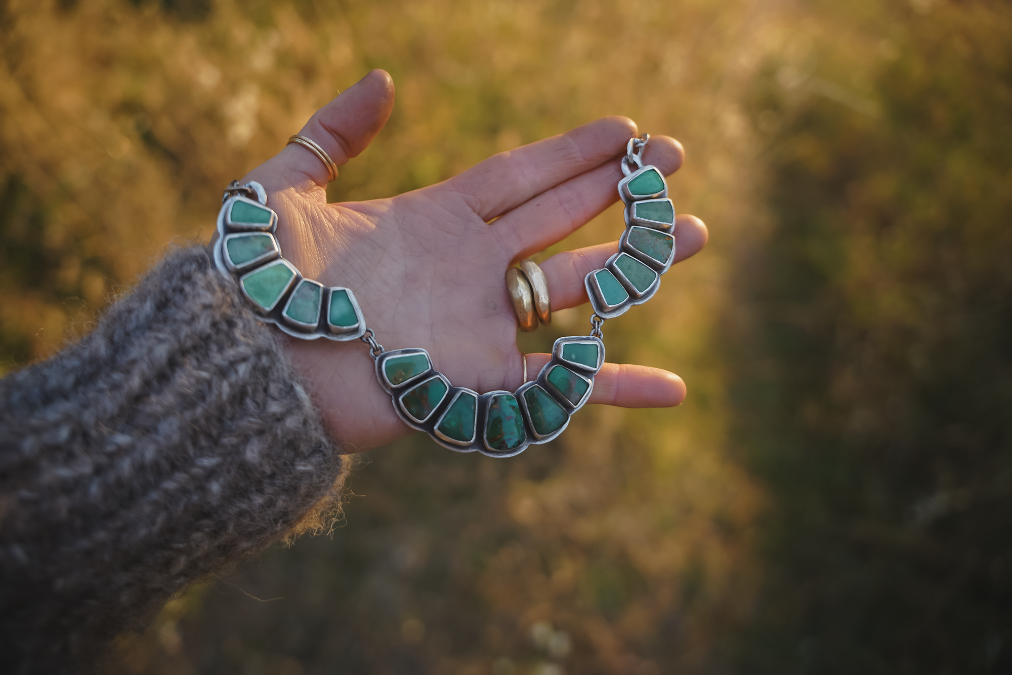 The Big Bloom Torque Choker ~ Reclaimed Sterling with Royston Turquoise + Variscite ~ Wide Curb Chain