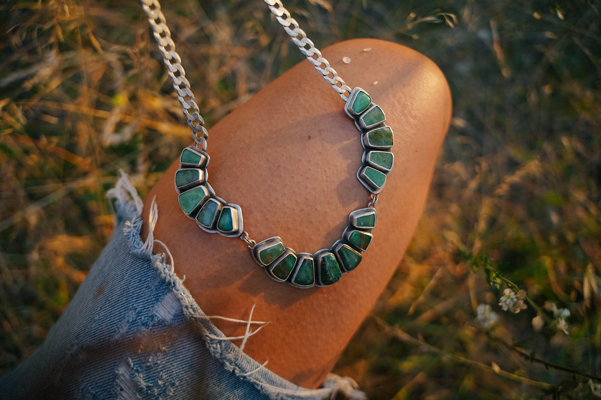 The Big Bloom Torque Choker ~ Reclaimed Sterling with Royston Turquoise + Variscite ~ Wide Curb Chain