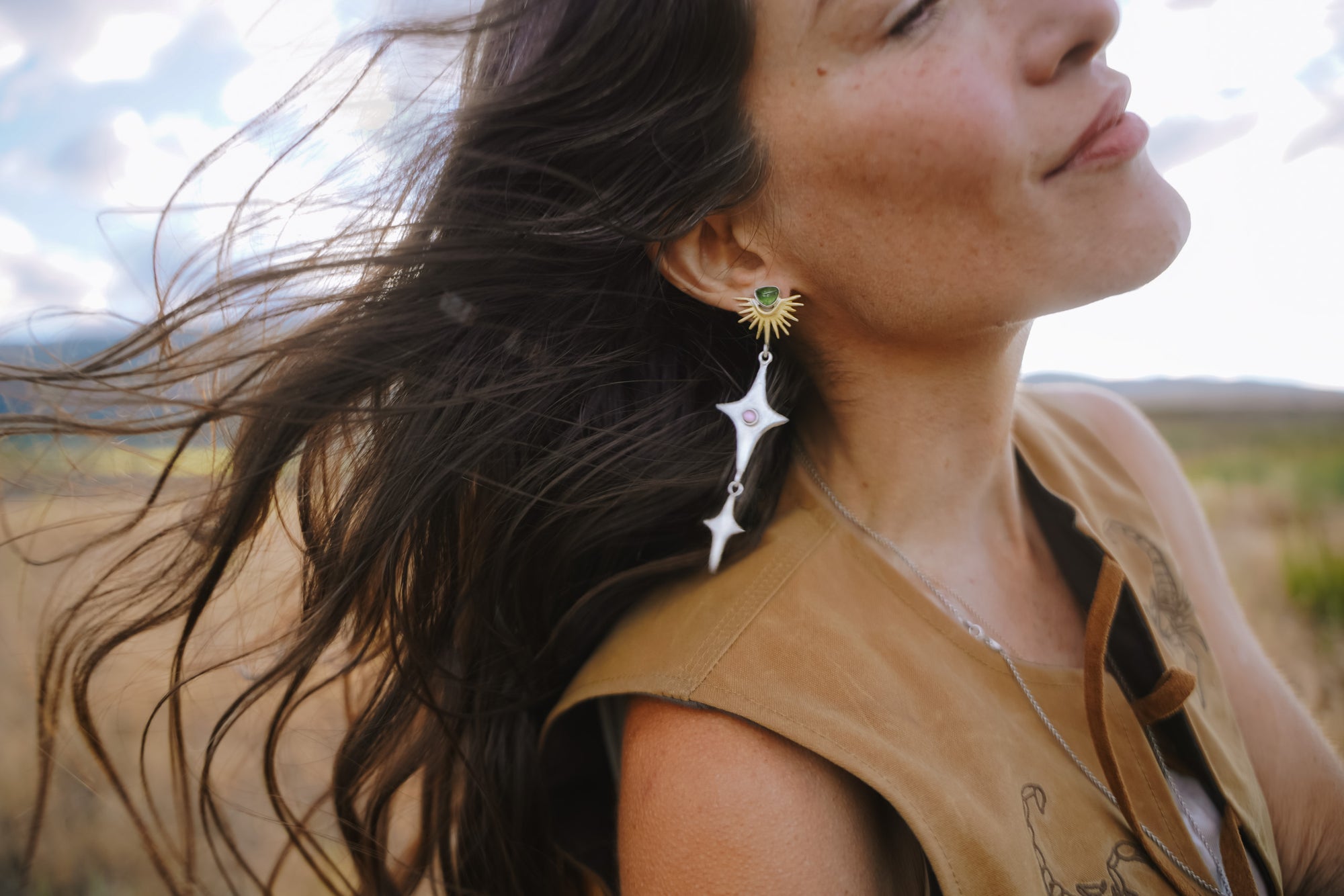 Visionary Posts ~ 18K Gold + Reclaimed Sterling Silver ~ Peridot & Pink Opal