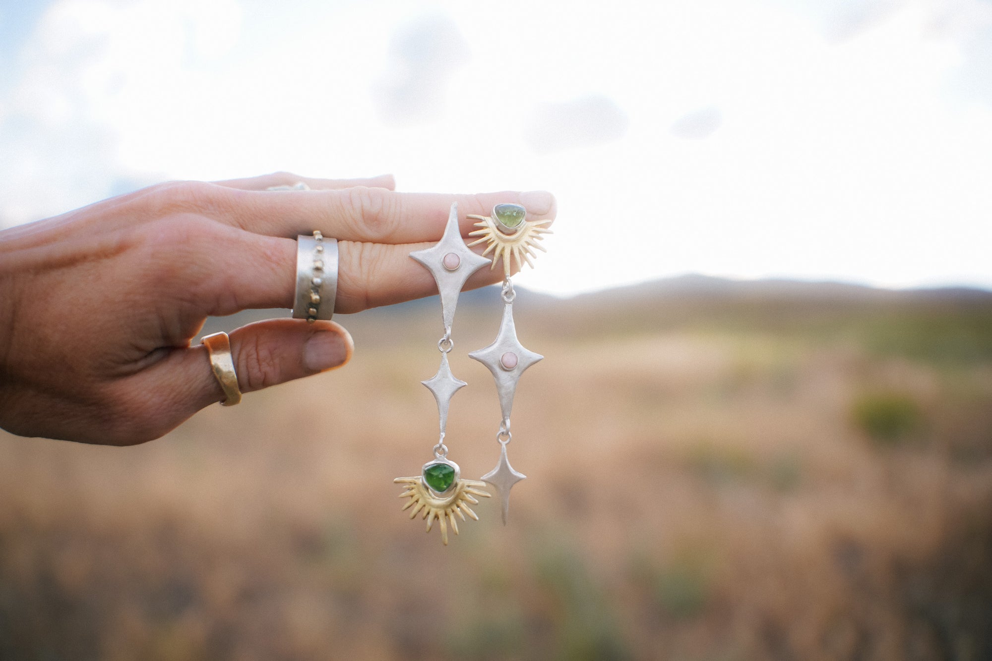 Visionary Posts ~ 18K Gold + Reclaimed Sterling Silver ~ Peridot & Pink Opal