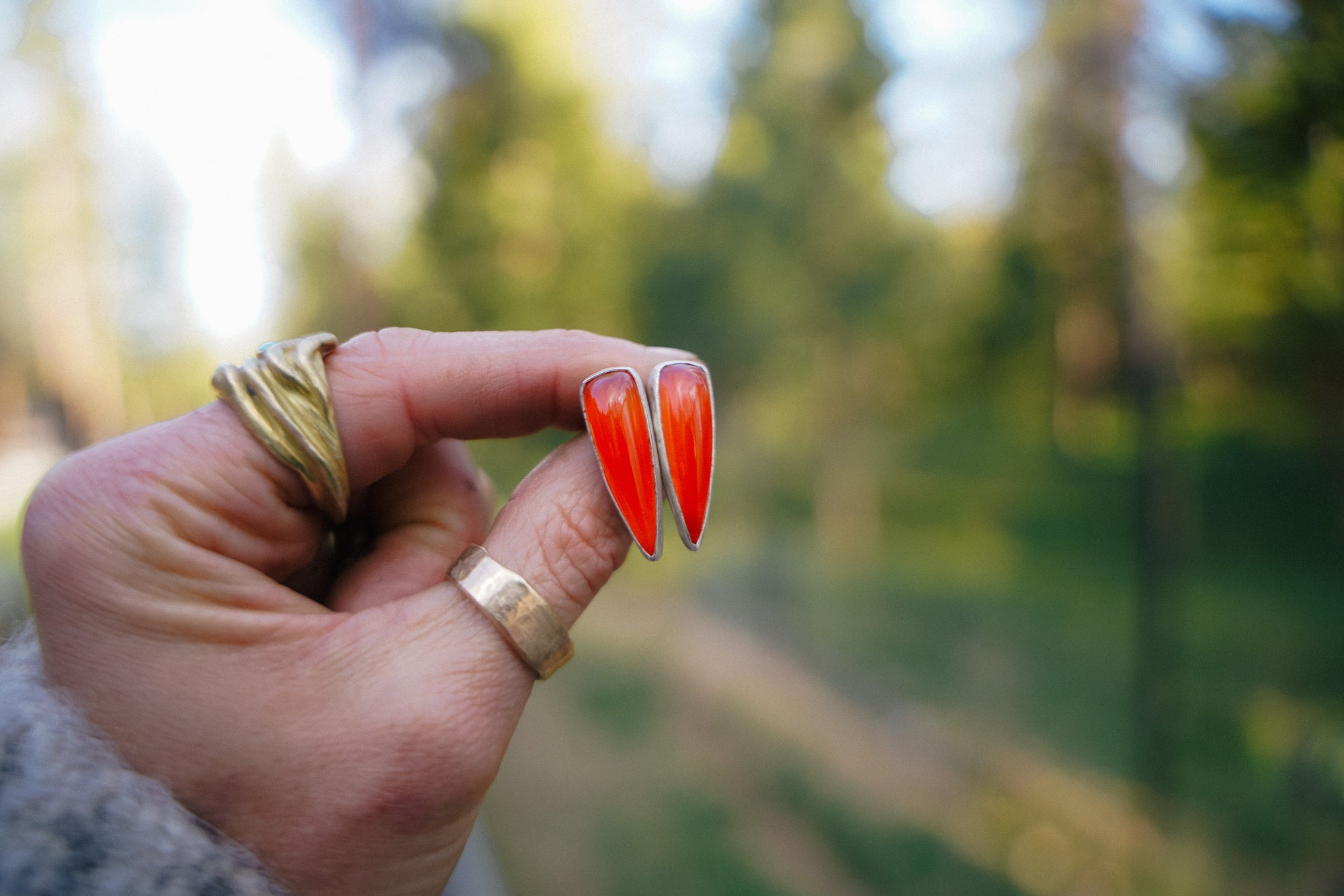 Sterling Silver and Flame Agate Spike Earrings_Post Style