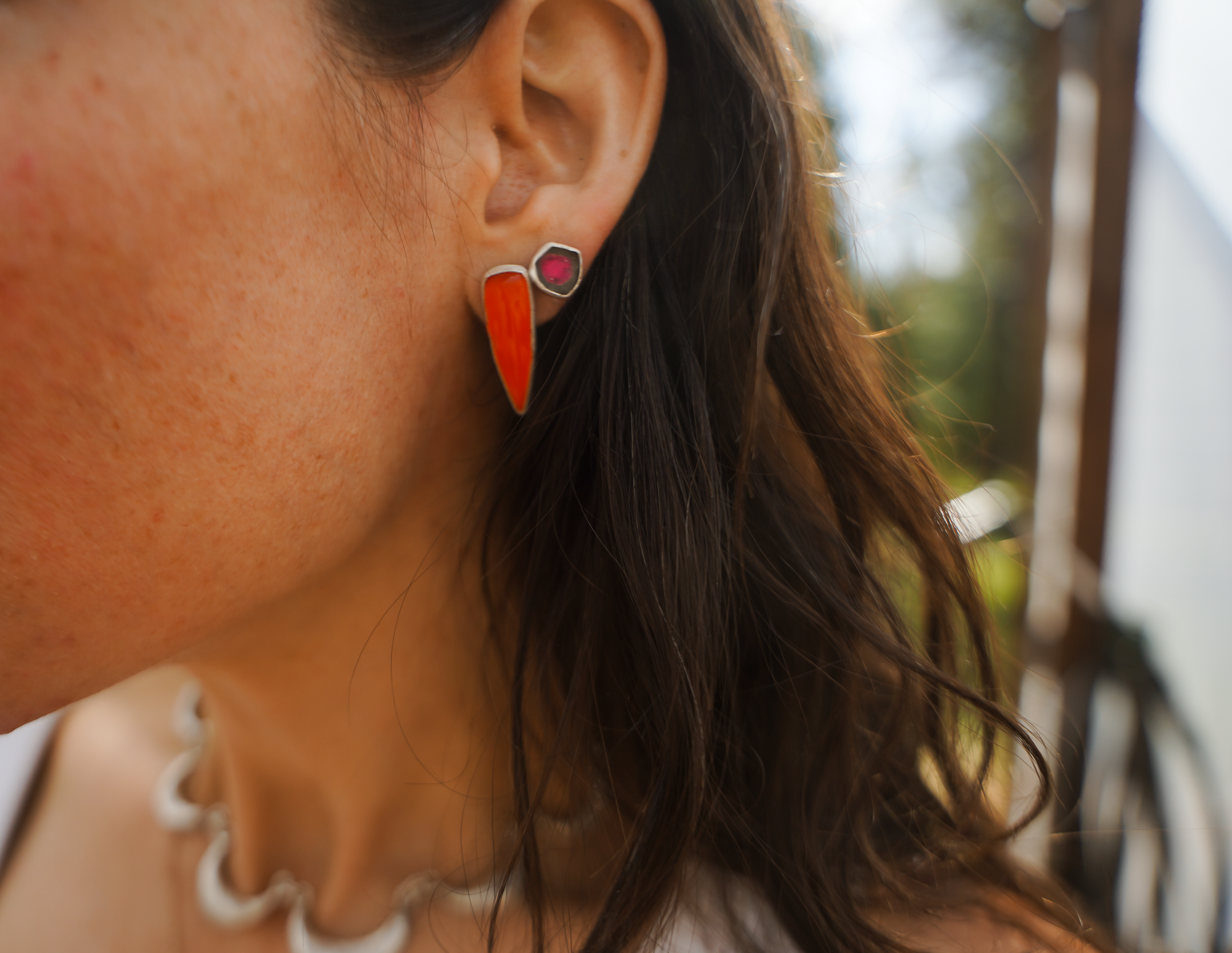 Ruby + Revolver_Sweet Pea Stud Earrings_Sterling Silver + Watermelon Tourmaline_Post Style_and Flame Agate Spike Earrings_Sterling Silver_Post Style