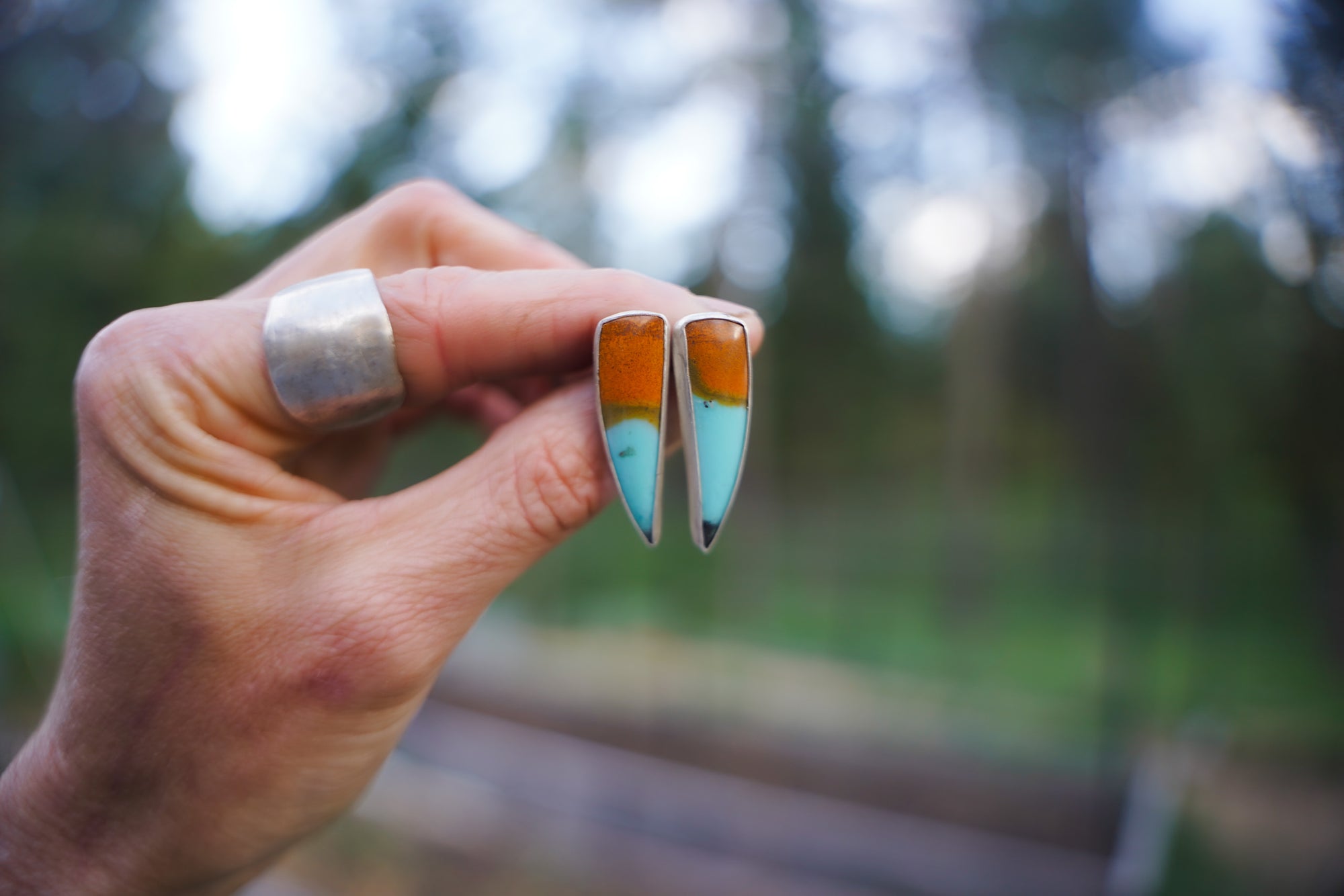 Two-Toned Chrysocolla Talon Post Earrings ~ Sterling Silver ~ Large