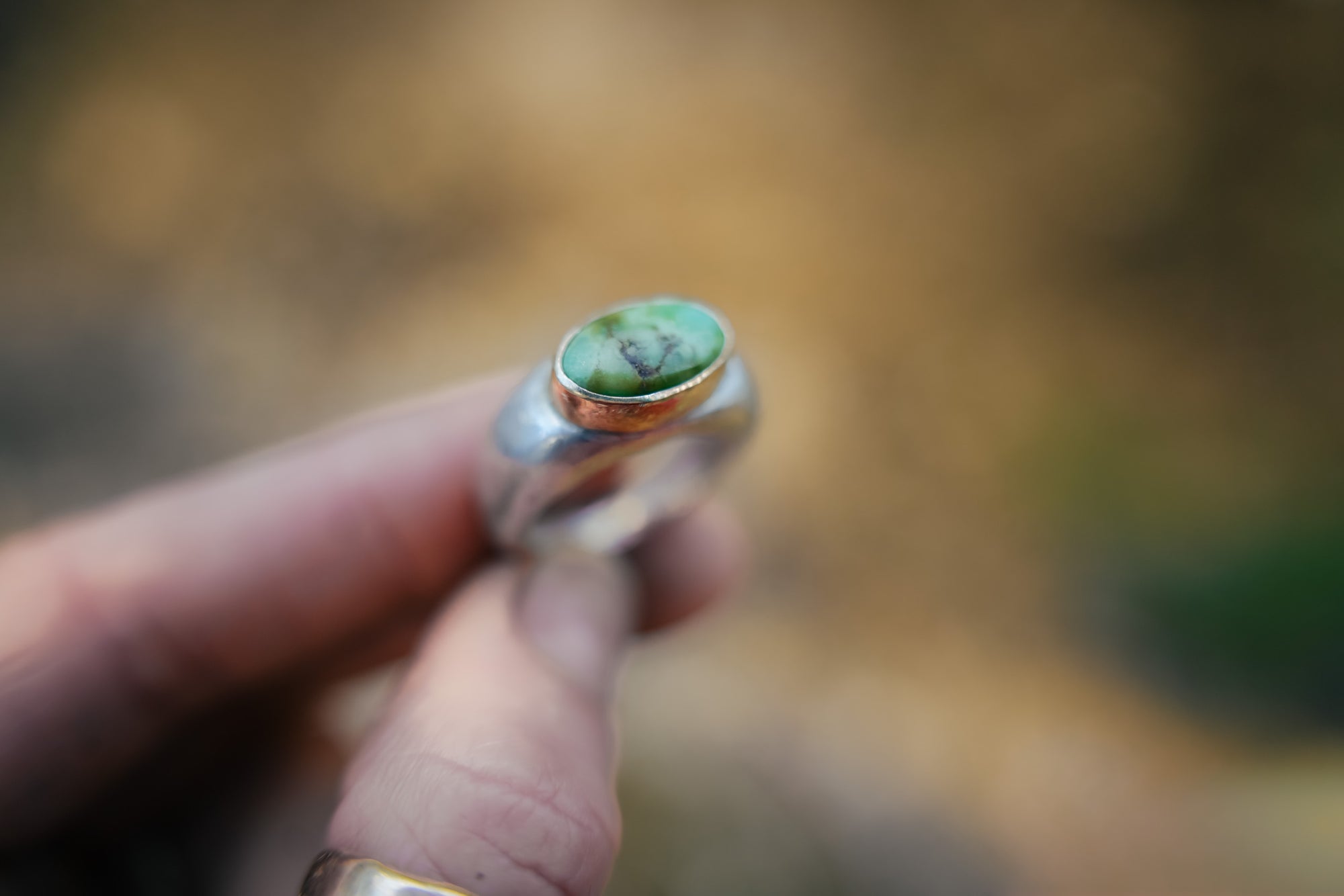 Sweet Pea Signet Ring ~ Green Turquoise ~ 18kt Gold + Sterling Silver ~ Size 5.5