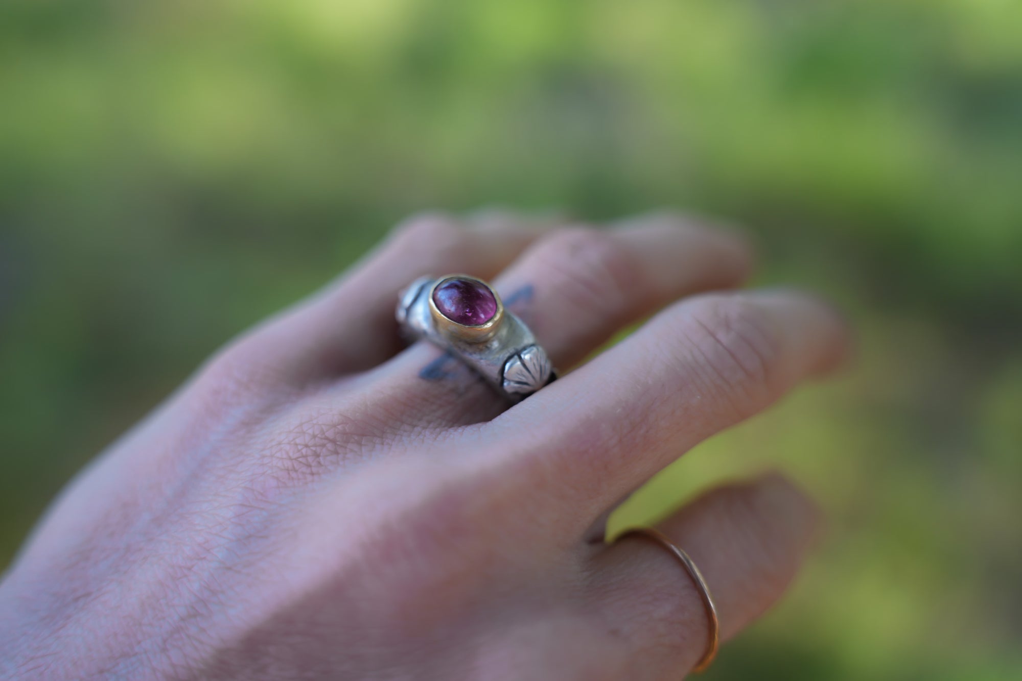 Poppy Cigar Ring ~ 18kt Gold + Sterling Silver ~ Pink Tourmaline ~ Size 5.5