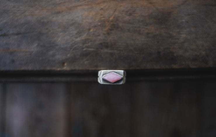 Etched Pale Pink Opal Diamond Signet Ring ~ Size 8