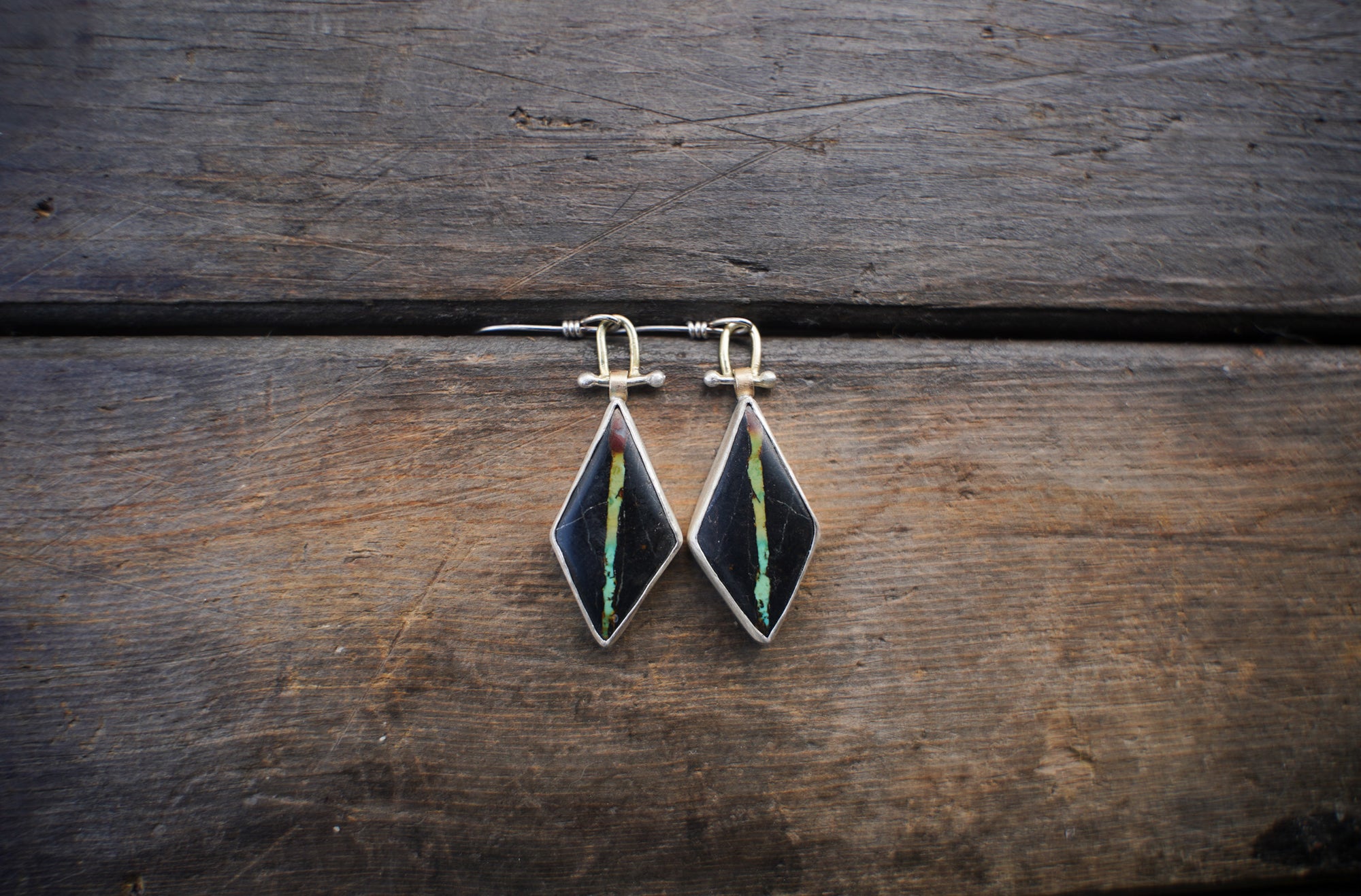 Axis Earrings ~ Sterling + 18KT Gold + Black Jack Turquoise