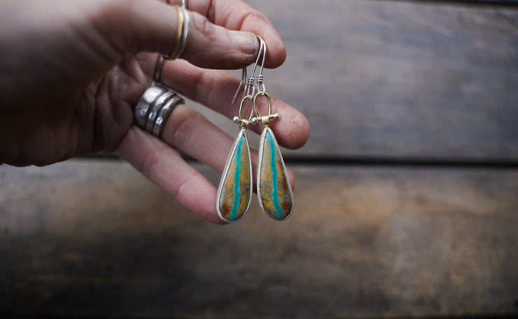 Axis Earrings ~ Sterling Silver + 18K Gold + Royston Ribbon Turquoise
