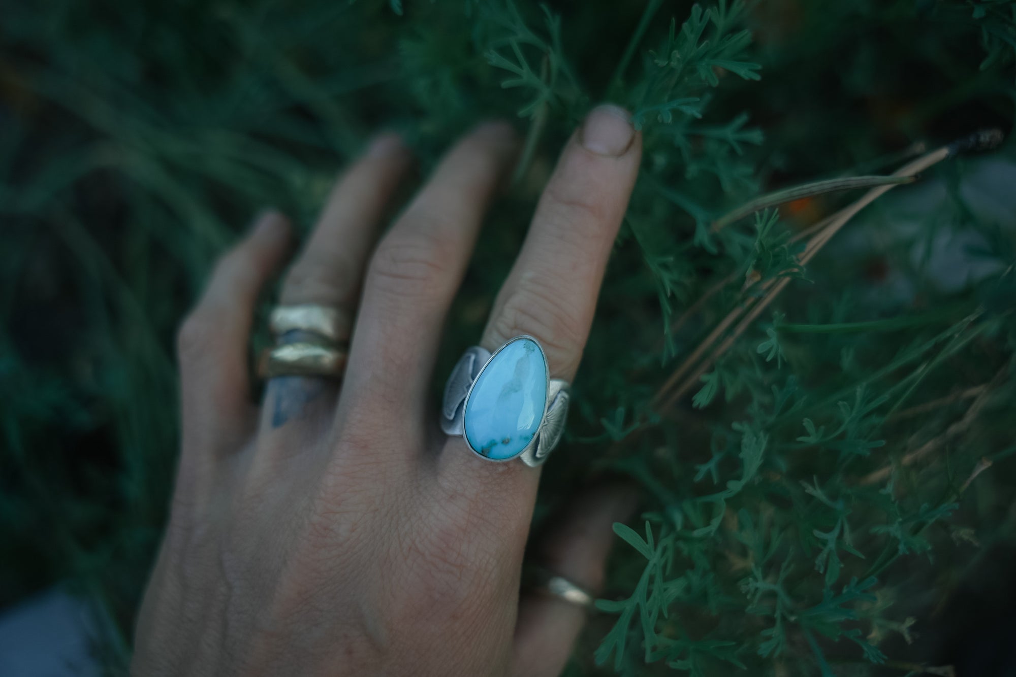Above Snakes Ring ~ Sterling Silver + Turquoise ~ Wide Stamped Band ~ Size 8.75/9