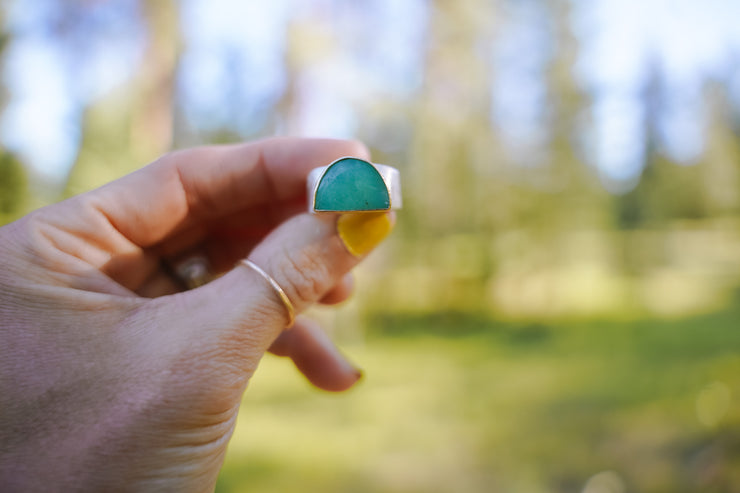 Blue Bird Signet Ring ~ Chrysoprase ~ 18kt Gold + Sterling Silver ~ Size 7