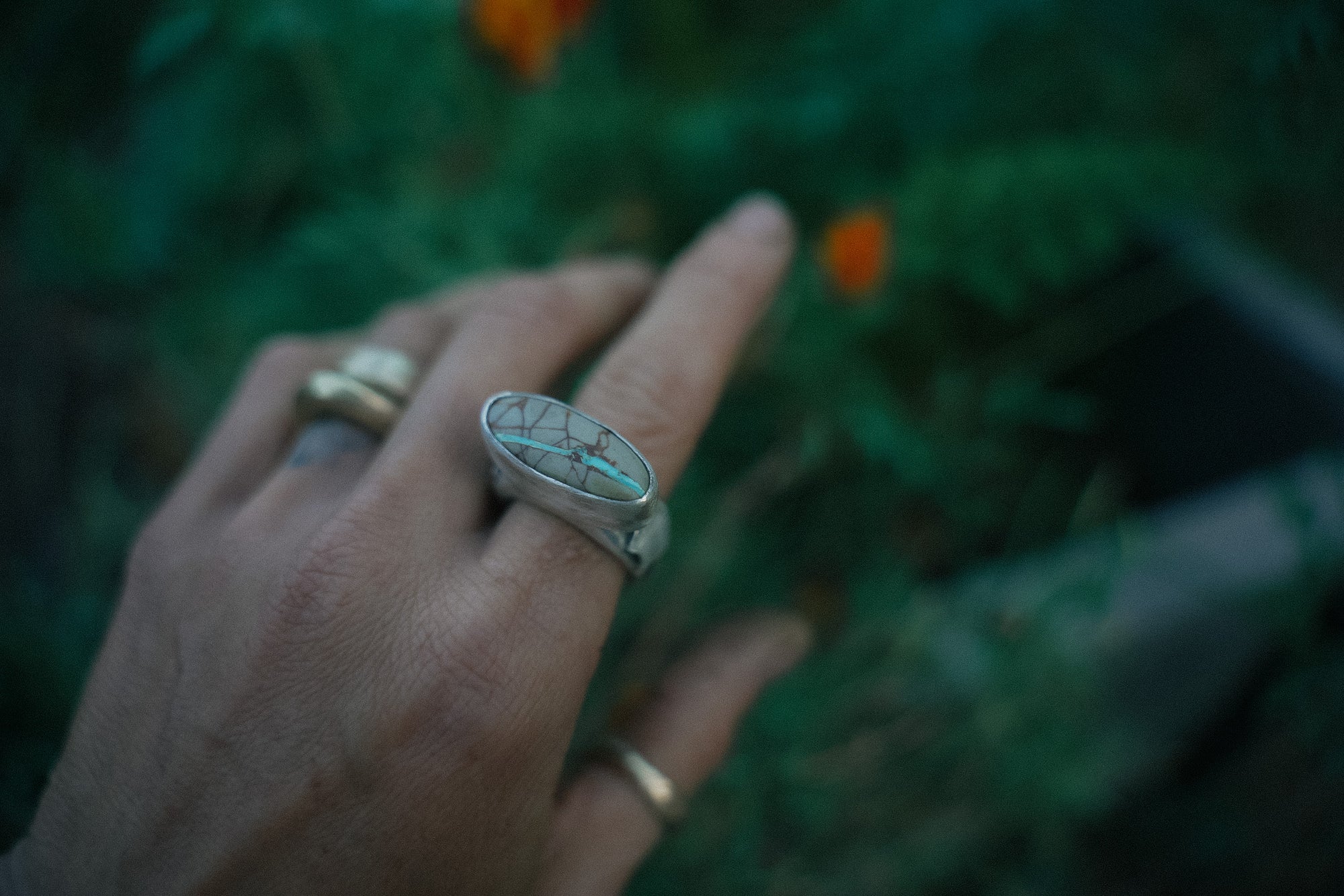 Hand wearing a silver ring with a brown and turquoise stone, against a blurred green background