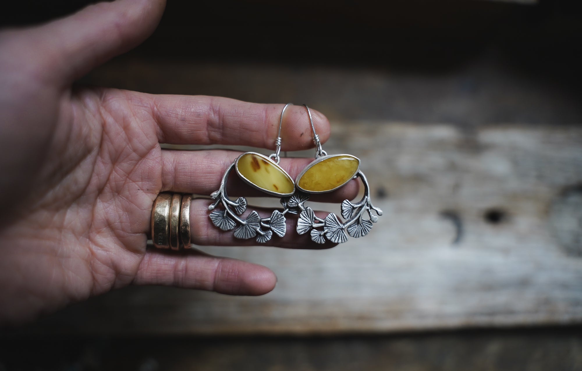 Ginkgo Earrings ~ Honey Amber