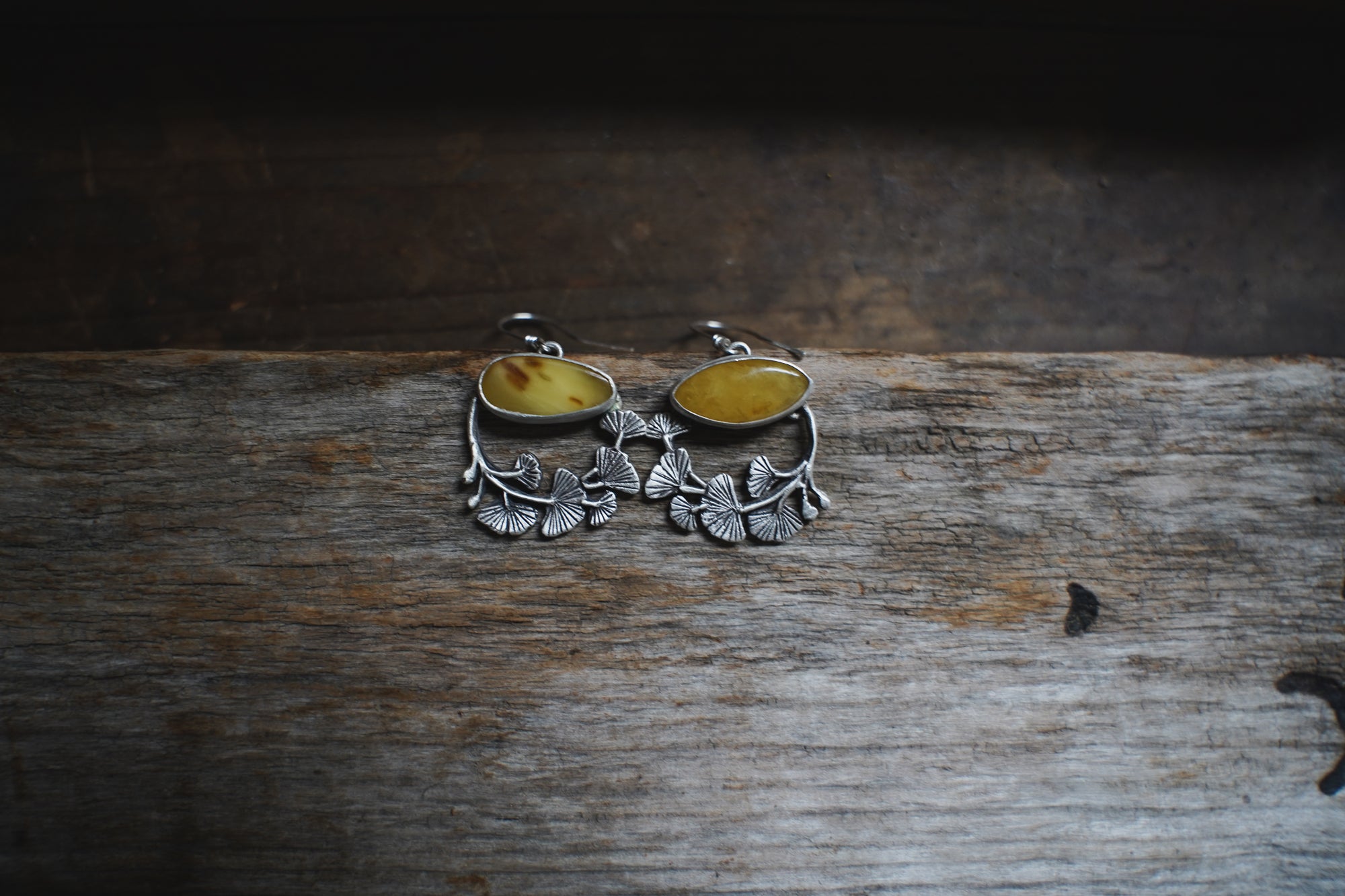 Ginkgo Earrings ~ Honey Amber