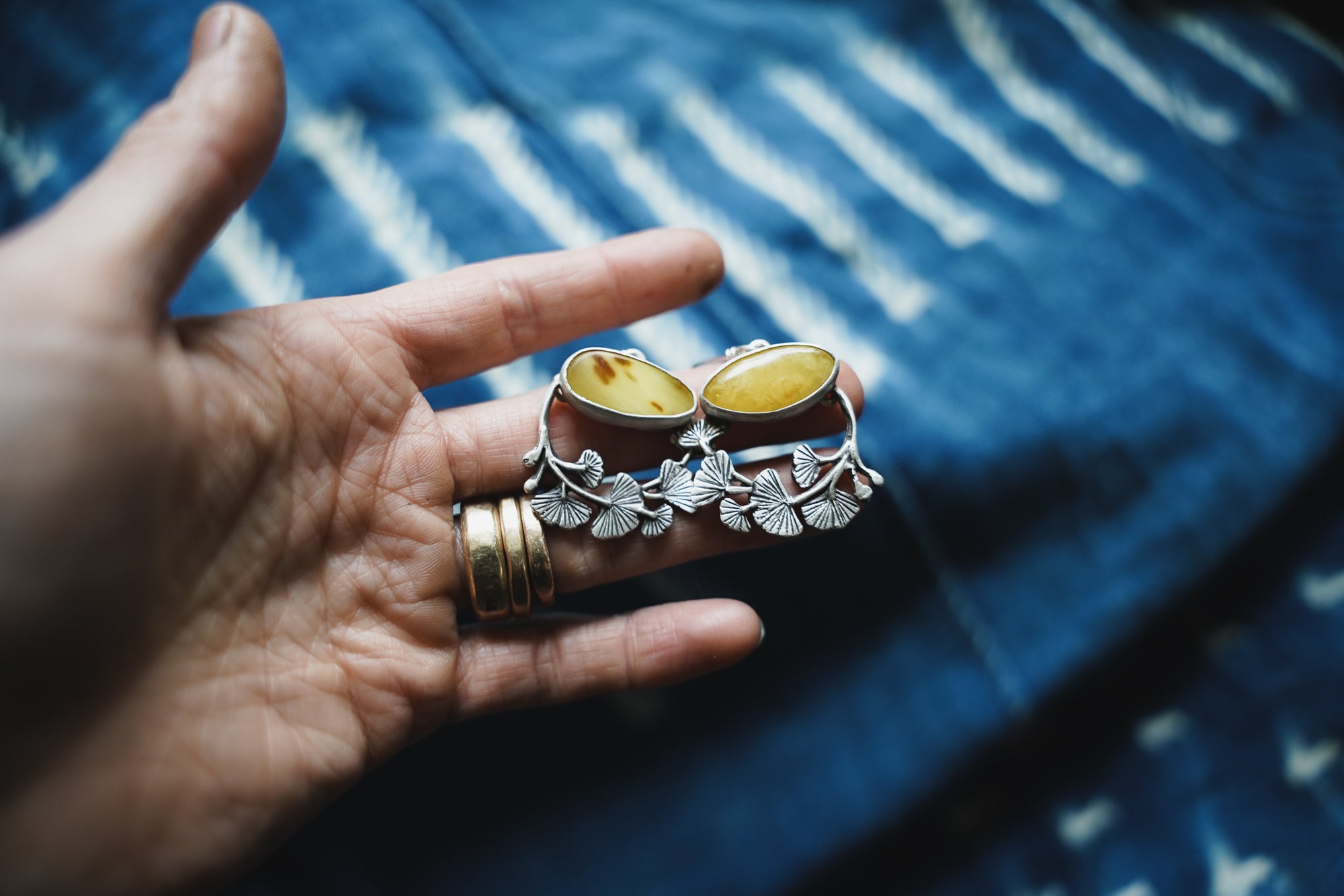 Ginkgo Earrings ~ Honey Amber