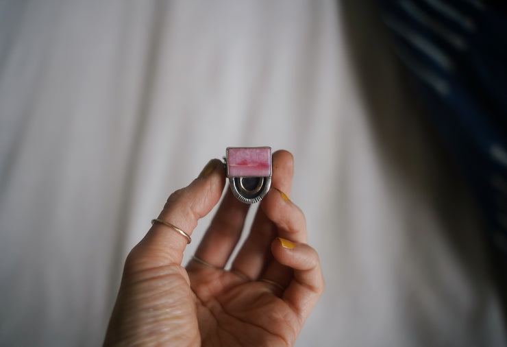 Pink Opal Rainbow Ring ~ Wide Band ~ Size 8.5-8.75